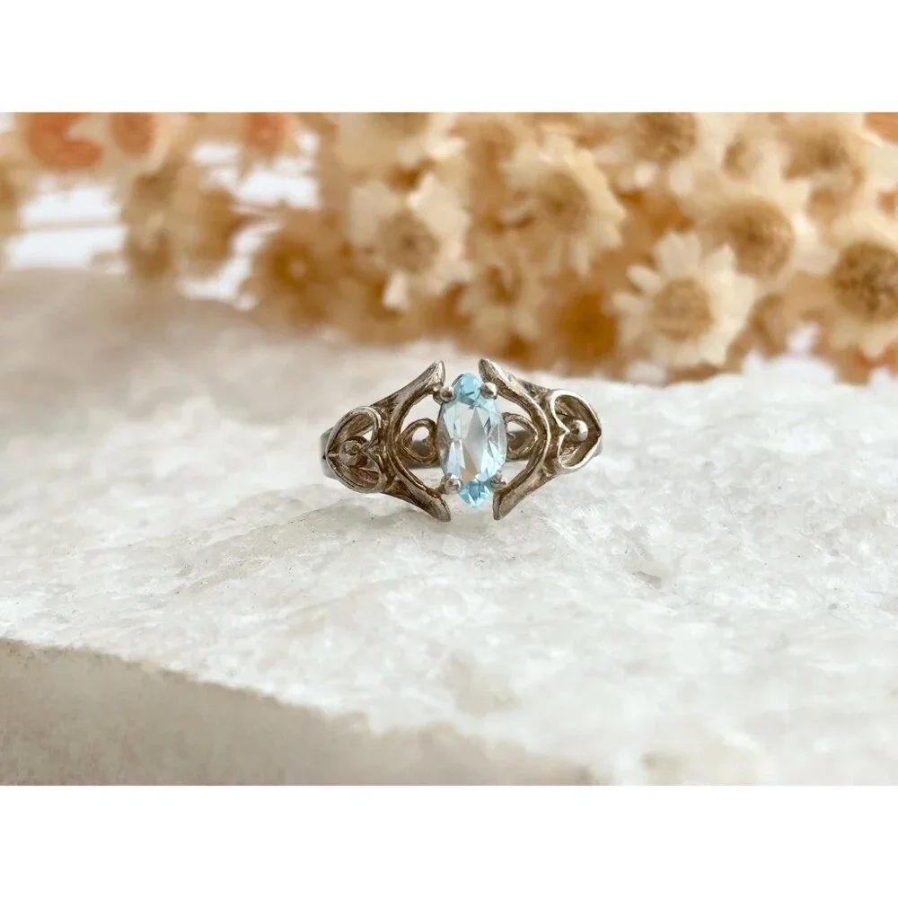 Aquamarine Semi-Precious 925 Solitaire Heart Sterling Silver Vintage Ring - sz 5